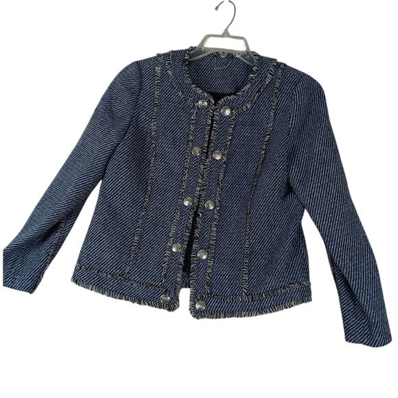 Chicos Open Front Jacket Womens Size 8 Blue Tweed Fringe Military Evening Casual - Picture 3 of 15